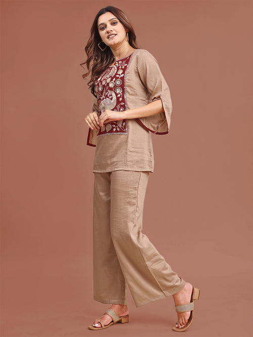 Beige Colored Silk Blend With Zari Work Yoke Embroidered Tunic & Trouser Co-ord Set