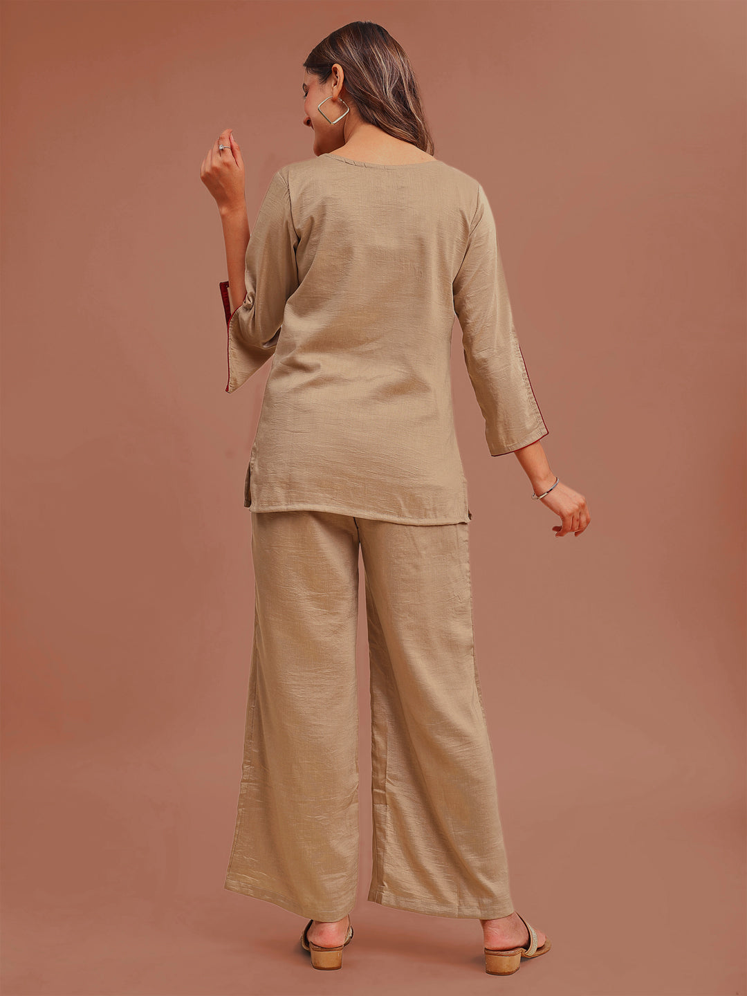 Beige Colored Silk Blend With Zari Work Yoke Embroidered Tunic & Trouser Co-ord Set