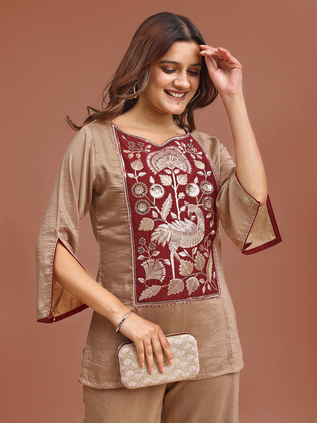 Beige Colored Silk Blend With Zari Work Yoke Embroidered Tunic & Trouser Co-ord Set
