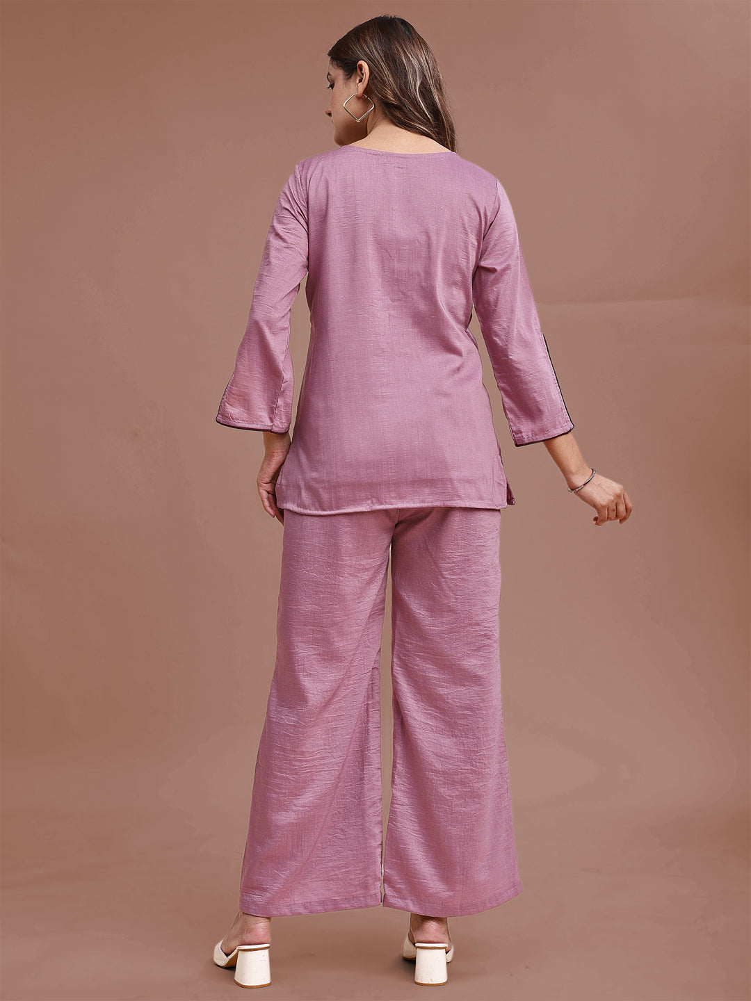 Mauve Colored Silk Blend With Zari Work Yoke Embroidered Tunic & Trouser Co-ord Set