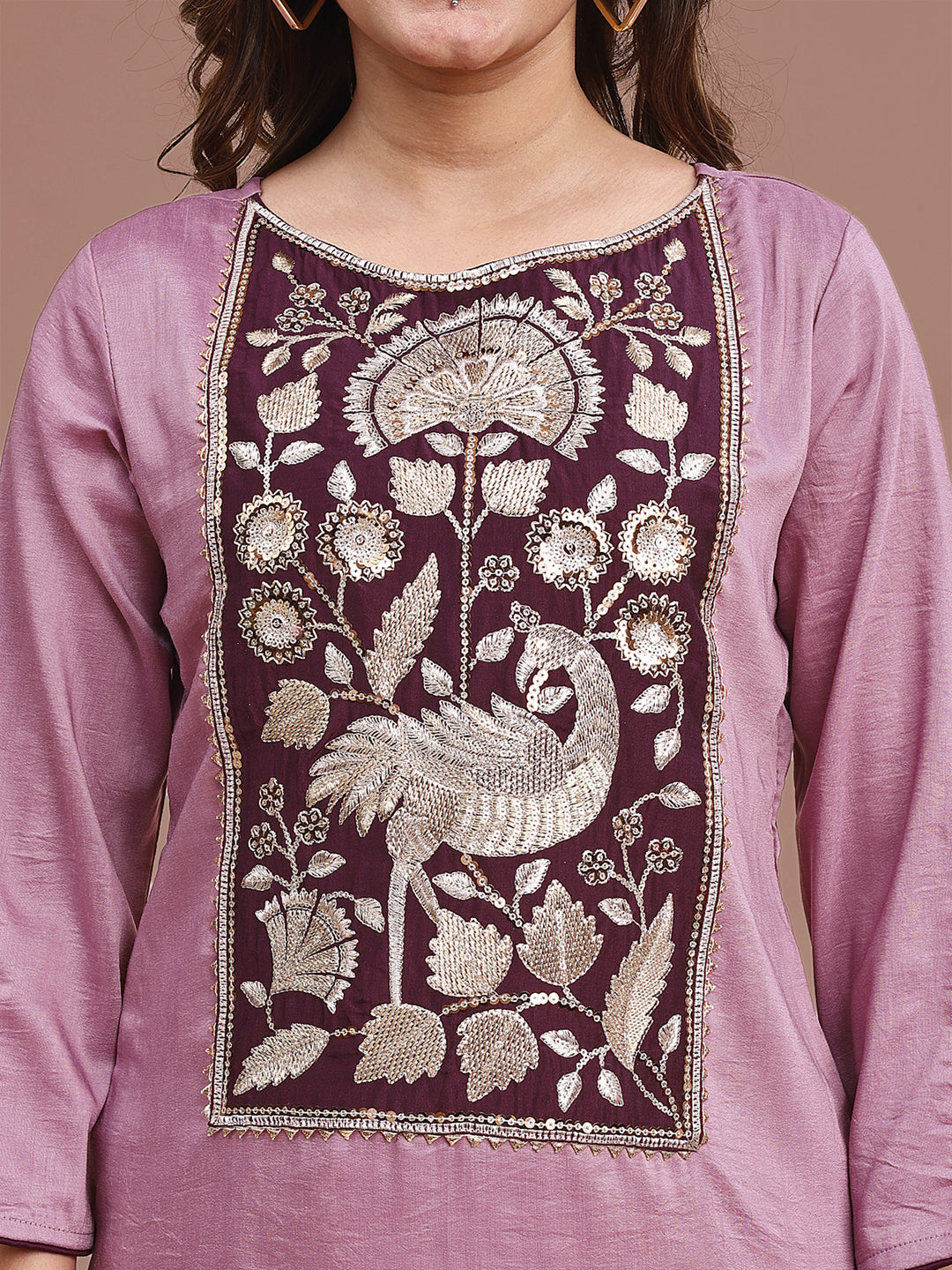Mauve Colored Silk Blend With Zari Work Yoke Embroidered Tunic & Trouser Co-ord Set