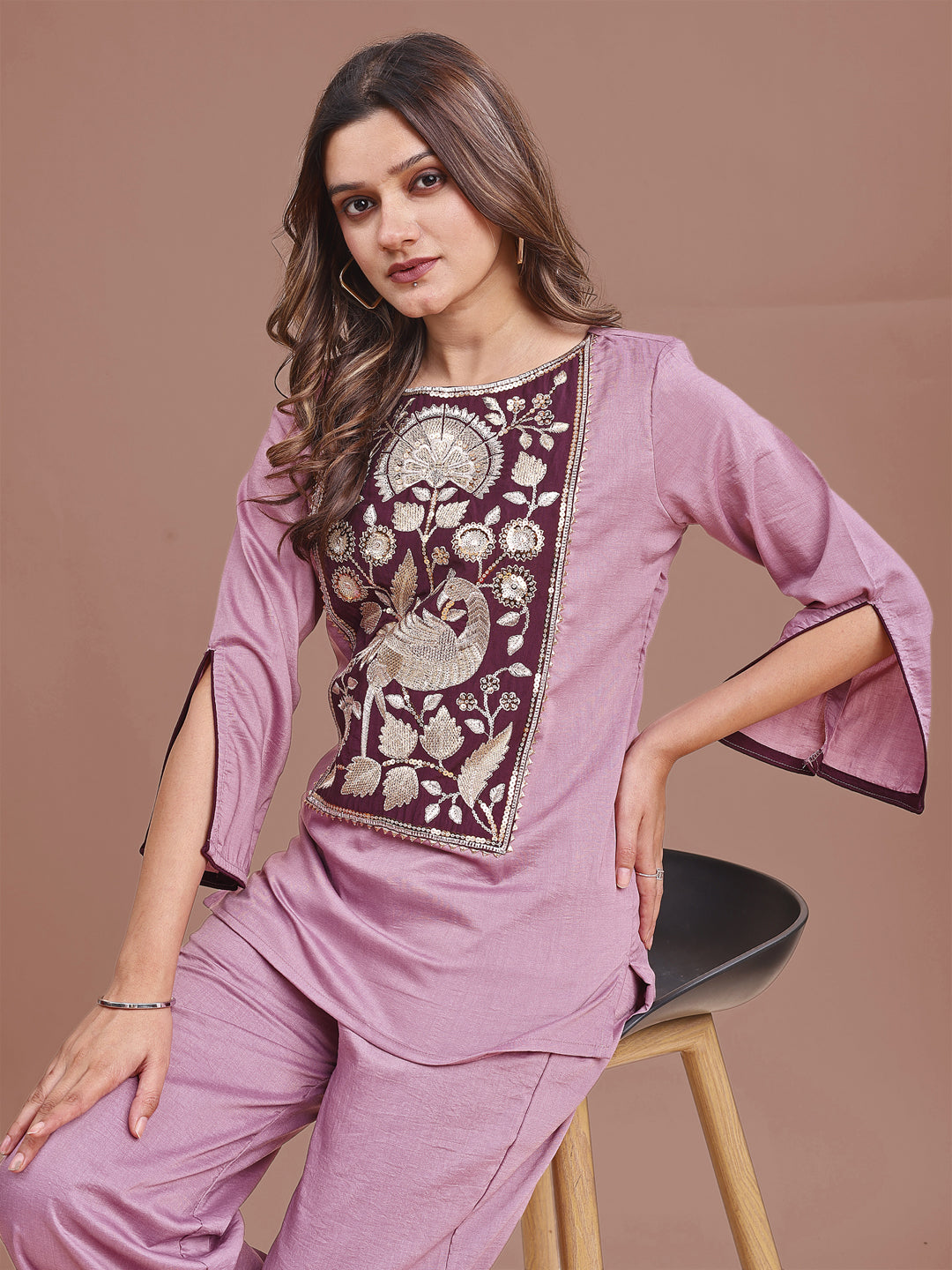 Mauve Colored Silk Blend With Zari Work Yoke Embroidered Tunic & Trouser Co-ord Set