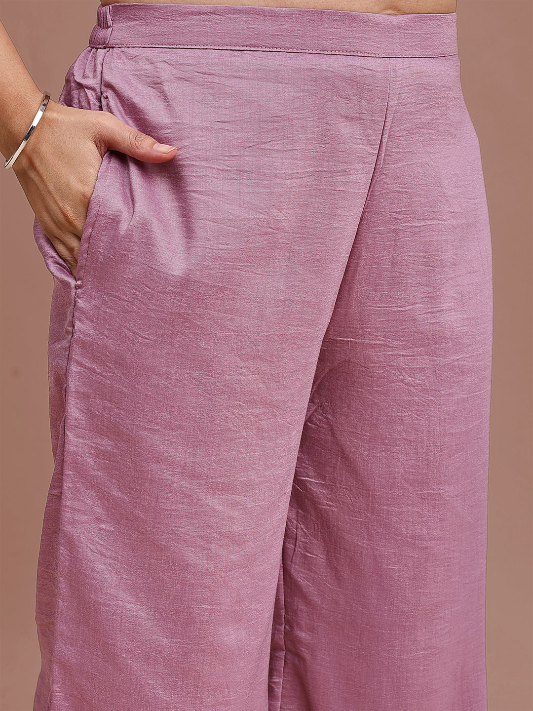 Mauve Colored Silk Blend With Zari Work Yoke Embroidered Tunic & Trouser Co-ord Set