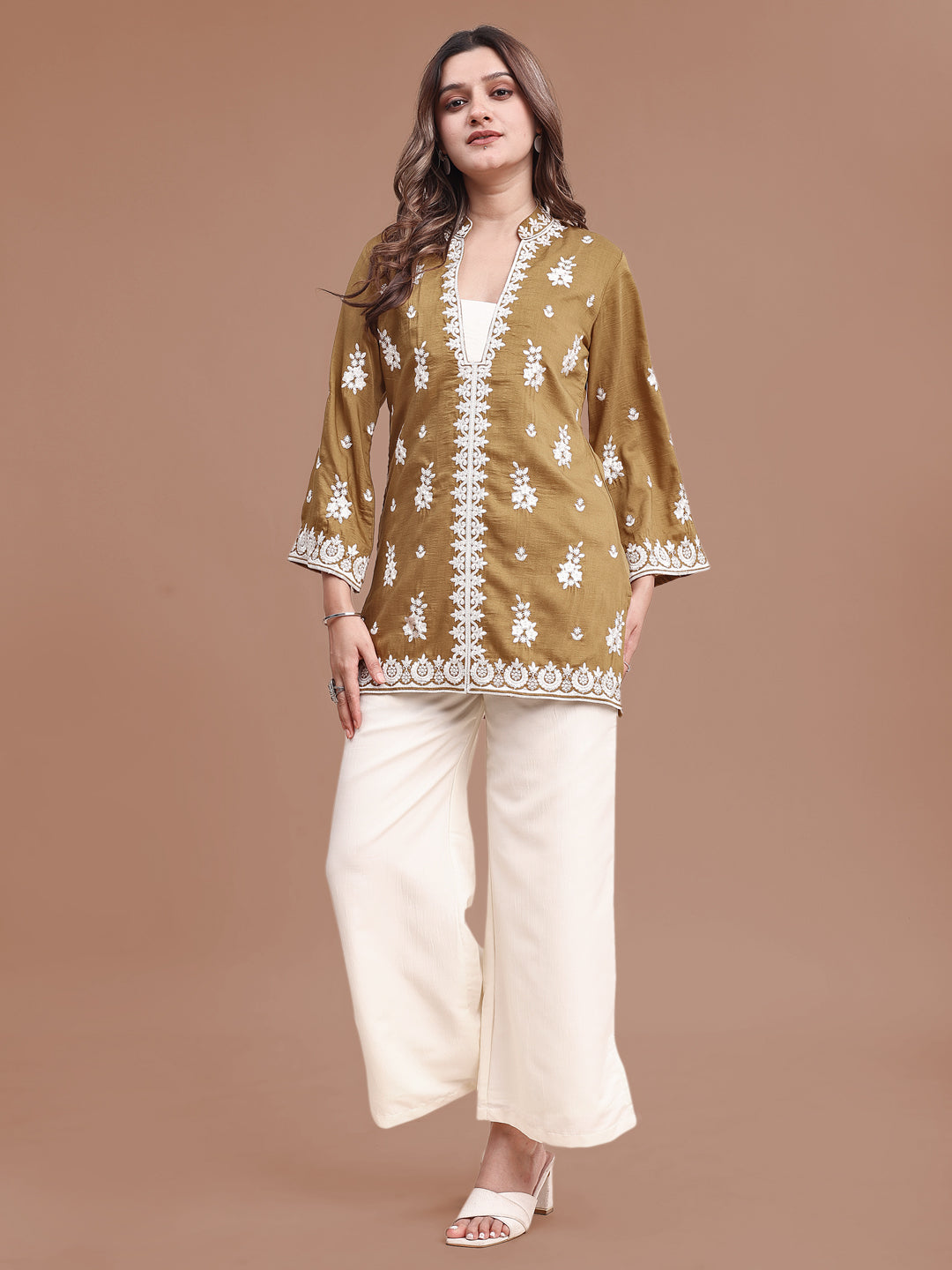 Mustard Colored Silk Blend With Off White Thread Embroidered Tunic & Trouser Co-ord Set