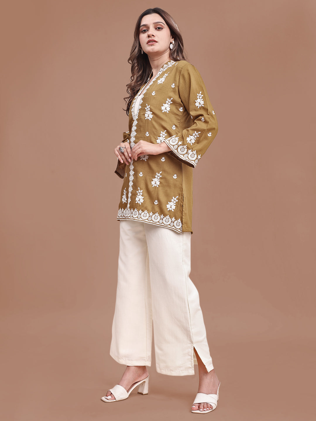 Mustard Colored Silk Blend With Off White Thread Embroidered Tunic & Trouser Co-ord Set
