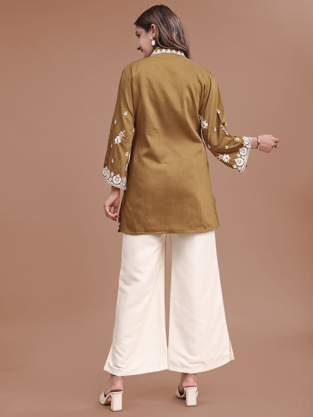 Mustard Colored Silk Blend With Off White Thread Embroidered Tunic & Trouser Co-ord Set