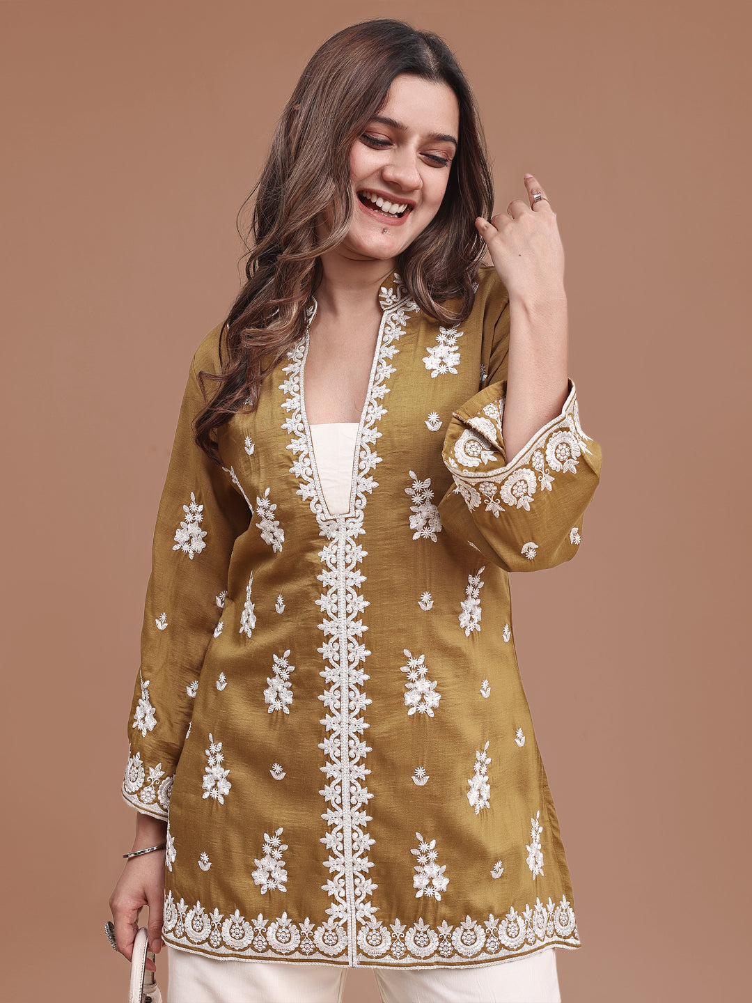 Mustard Colored Silk Blend With Off White Thread Embroidered Tunic & Trouser Co-ord Set