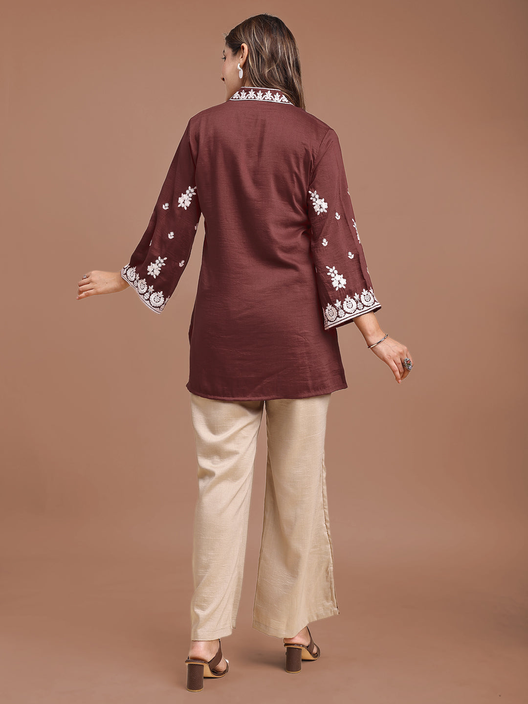 Maroon Colored Silk Blend With Off White Thread Embroidered Tunic & Trouser Co-ord Set