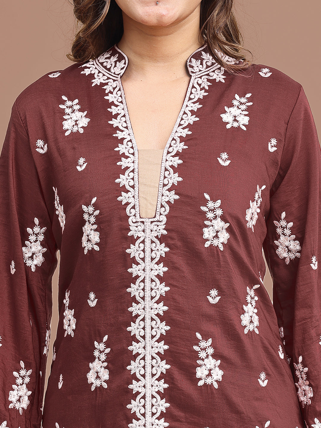 Maroon Colored Silk Blend With Off White Thread Embroidered Tunic & Trouser Co-ord Set
