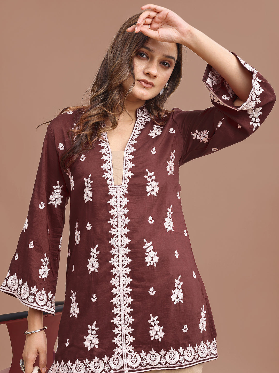 Maroon Colored Silk Blend With Off White Thread Embroidered Tunic & Trouser Co-ord Set