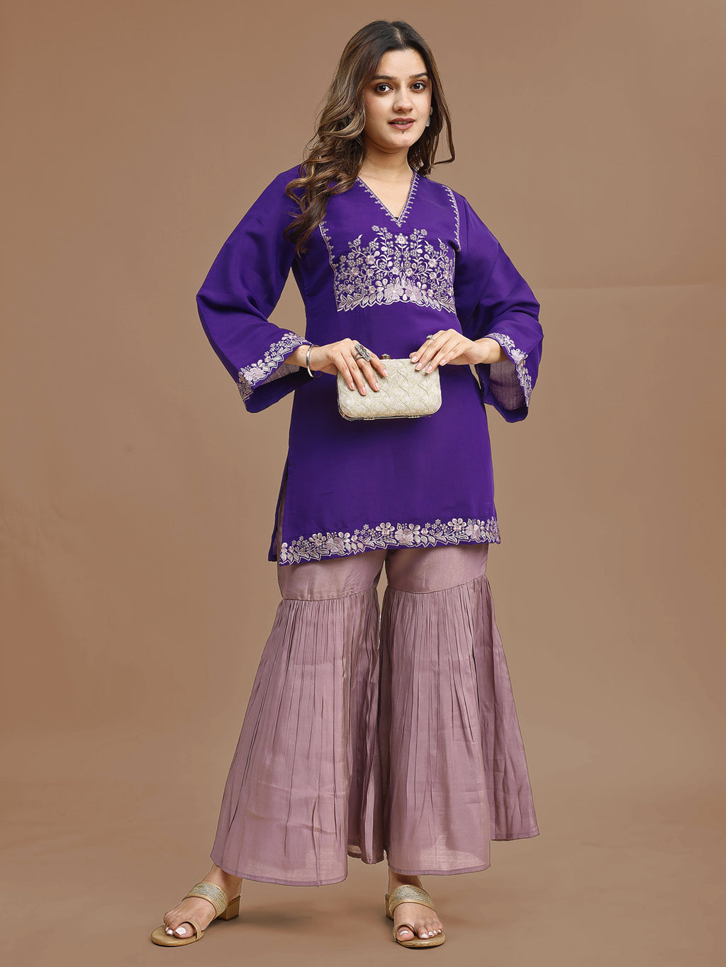 Purple Color Silk Blend Embroidered Top With Mauve Sharara