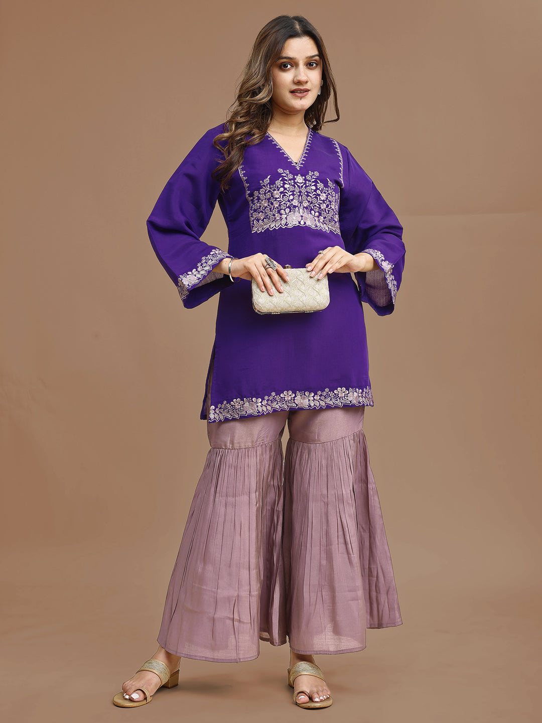 Purple Color Silk Blend Embroidered Top With Mauve Sharara