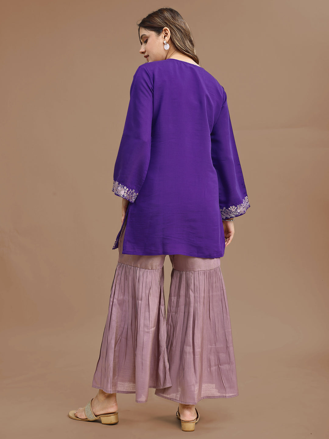 Purple Color Silk Blend Embroidered Top With Mauve Sharara
