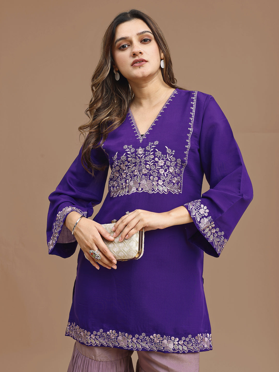 Purple Color Silk Blend Embroidered Top With Mauve Sharara