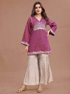 Mauve Color Silk Blend Embroidered Top With Beige Sharara