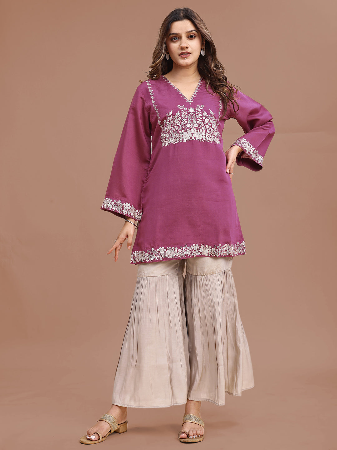 Mauve Color Silk Blend Embroidered Top With Beige Sharara