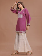 Mauve Color Silk Blend Embroidered Top With Beige Sharara