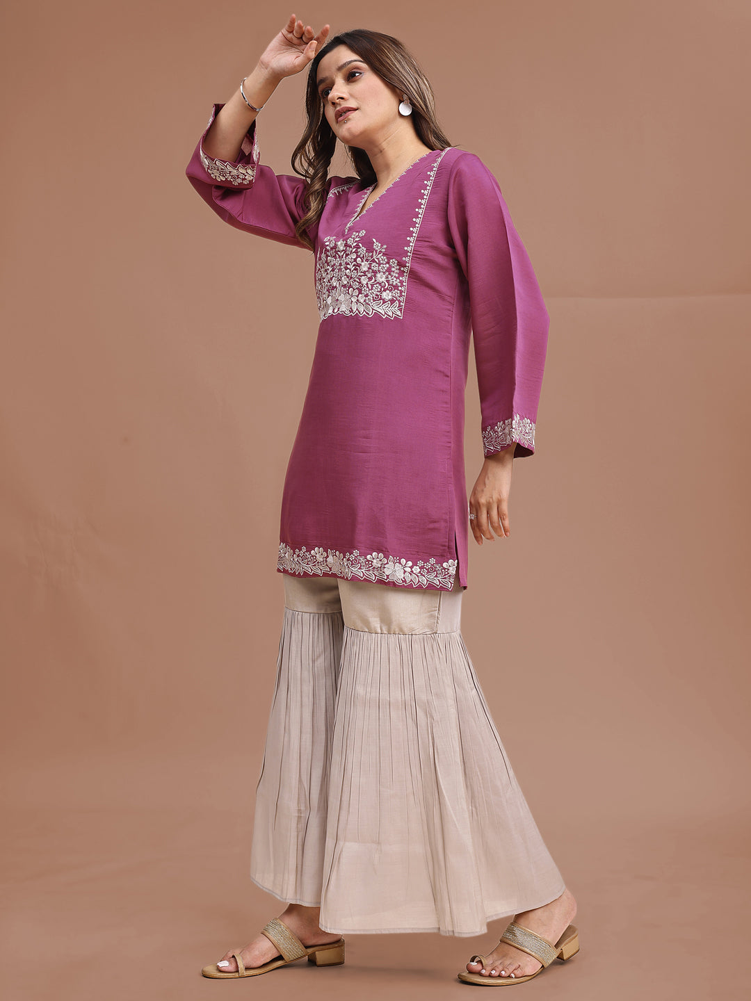 Mauve Color Silk Blend Embroidered Top With Beige Sharara