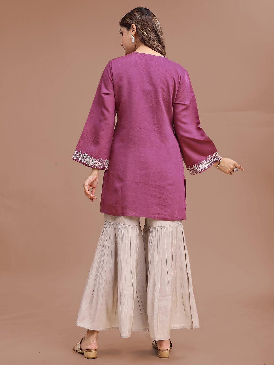 Mauve Color Silk Blend Embroidered Top With Beige Sharara