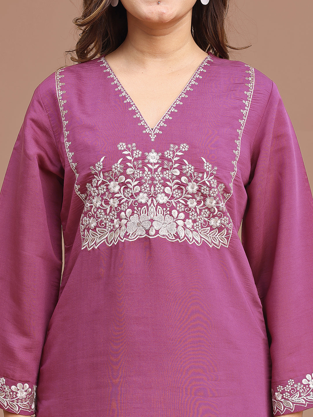 Mauve Color Silk Blend Embroidered Top With Beige Sharara