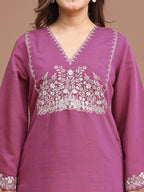 Mauve Color Silk Blend Embroidered Top With Beige Sharara
