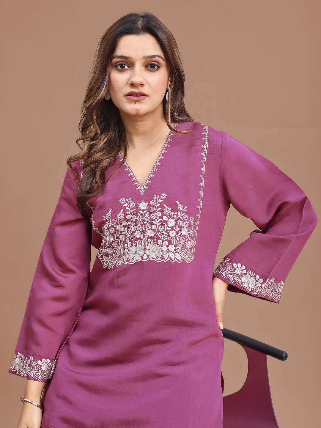 Mauve Color Silk Blend Embroidered Top With Beige Sharara