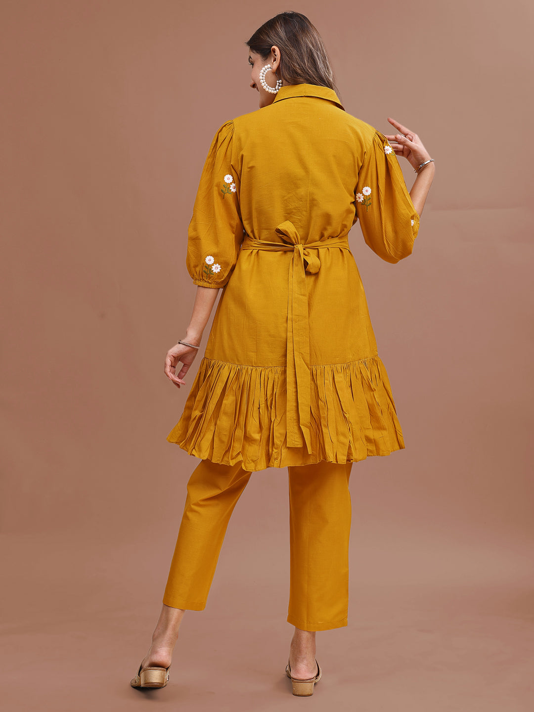 Mustard Colored Pure Cotton Fit & Flair With Thread Work Embroidered Tunic & Trouser Co-ord Set