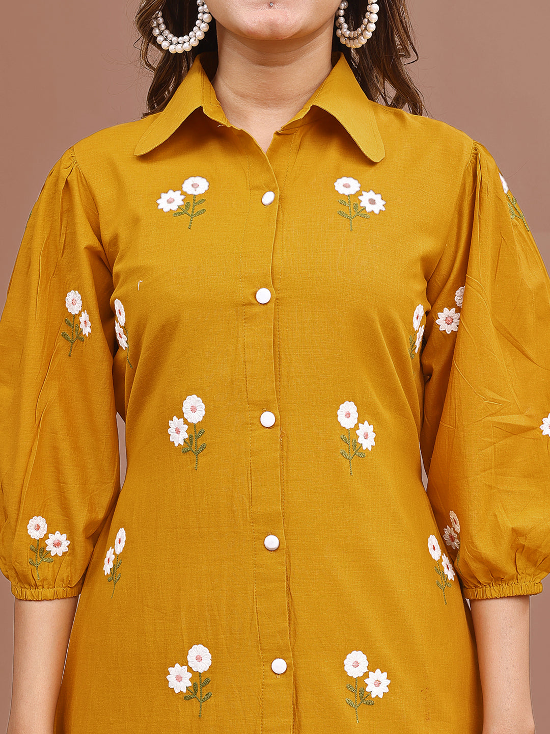 Mustard Colored Pure Cotton Fit & Flair With Thread Work Embroidered Tunic & Trouser Co-ord Set