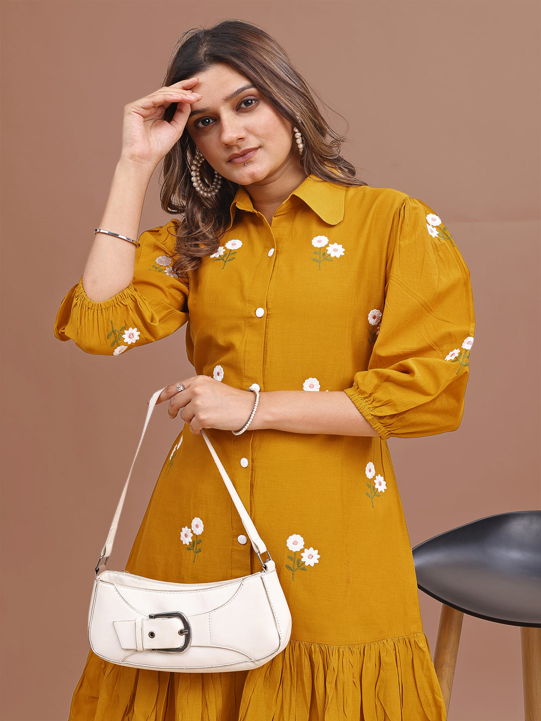 Mustard Colored Pure Cotton Fit & Flair With Thread Work Embroidered Tunic & Trouser Co-ord Set