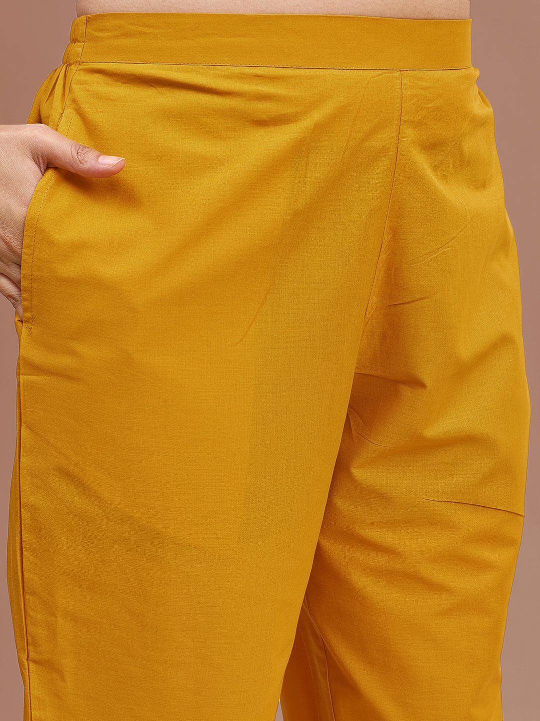 Mustard Colored Pure Cotton Fit & Flair With Thread Work Embroidered Tunic & Trouser Co-ord Set