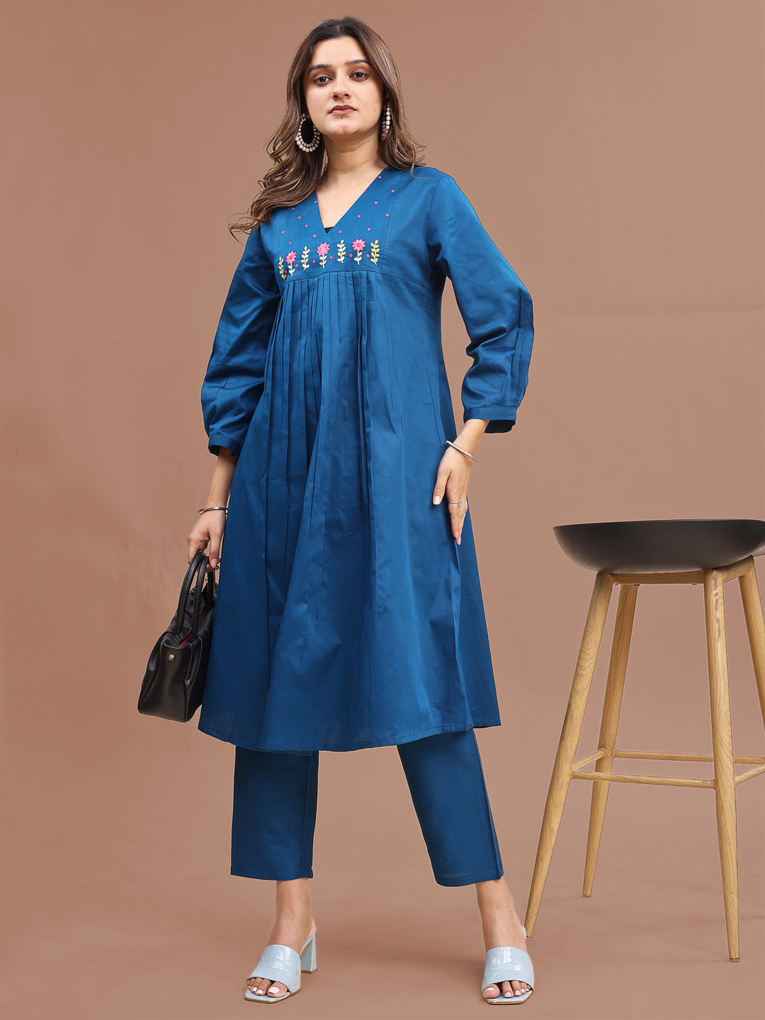 Teal Colored Cotton Blend Embroidered Yoke & Pleats Tunic With Co-ord Set