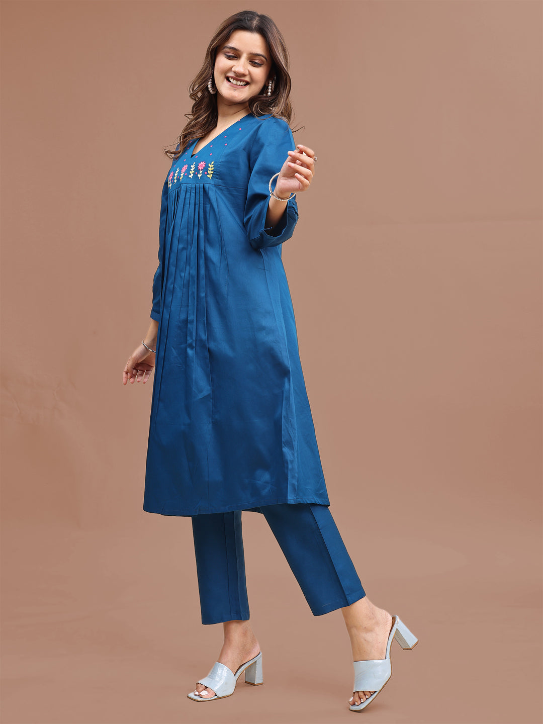 Teal Colored Cotton Blend Embroidered Yoke & Pleats Tunic With Co-ord Set