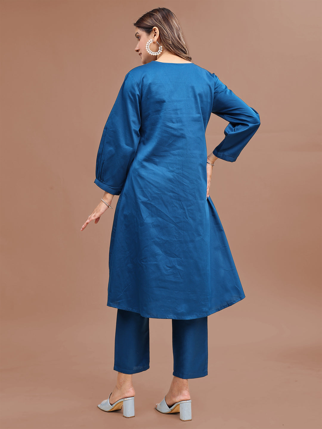 Teal Colored Cotton Blend Embroidered Yoke & Pleats Tunic With Co-ord Set