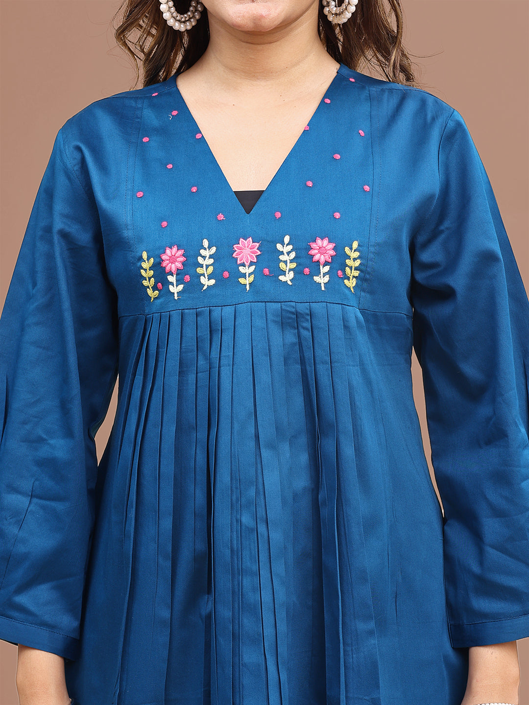 Teal Colored Cotton Blend Embroidered Yoke & Pleats Tunic With Co-ord Set