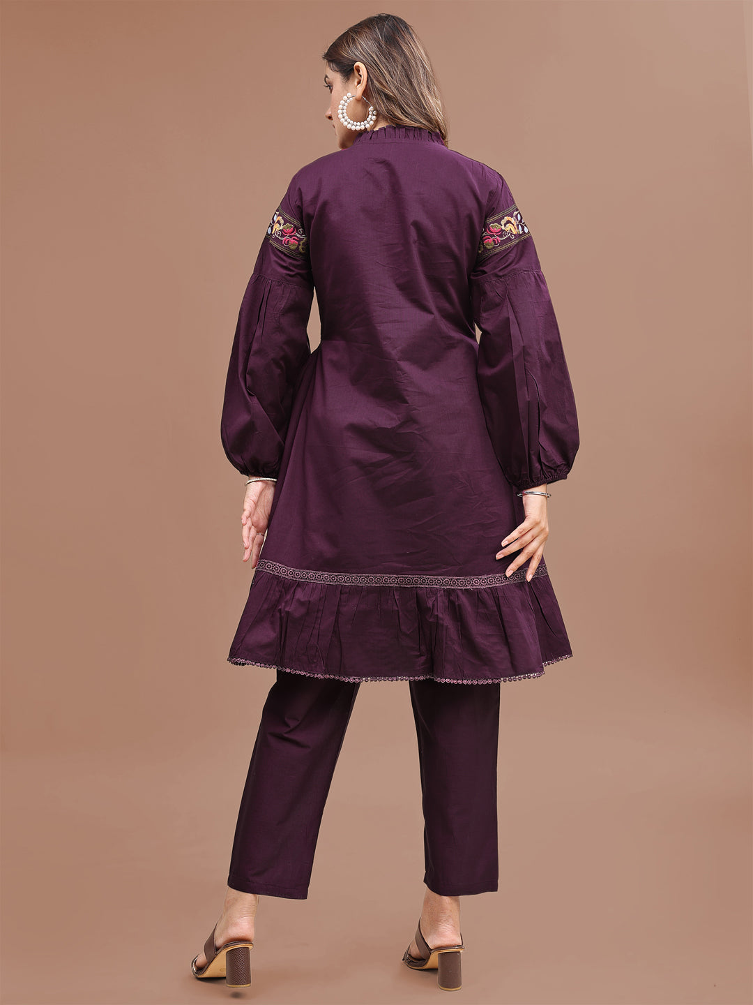 Purple Colored Pure Cotton Fit & Flair With Thread Work Embroidered Tunic & Trouser Co-ord Set
