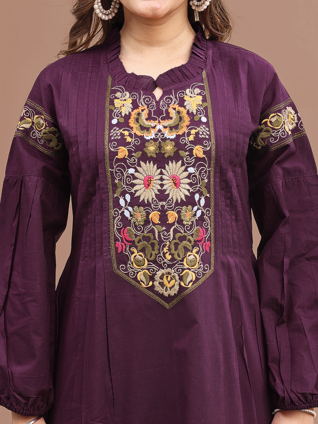 Purple Colored Pure Cotton Fit & Flair With Thread Work Embroidered Tunic & Trouser Co-ord Set