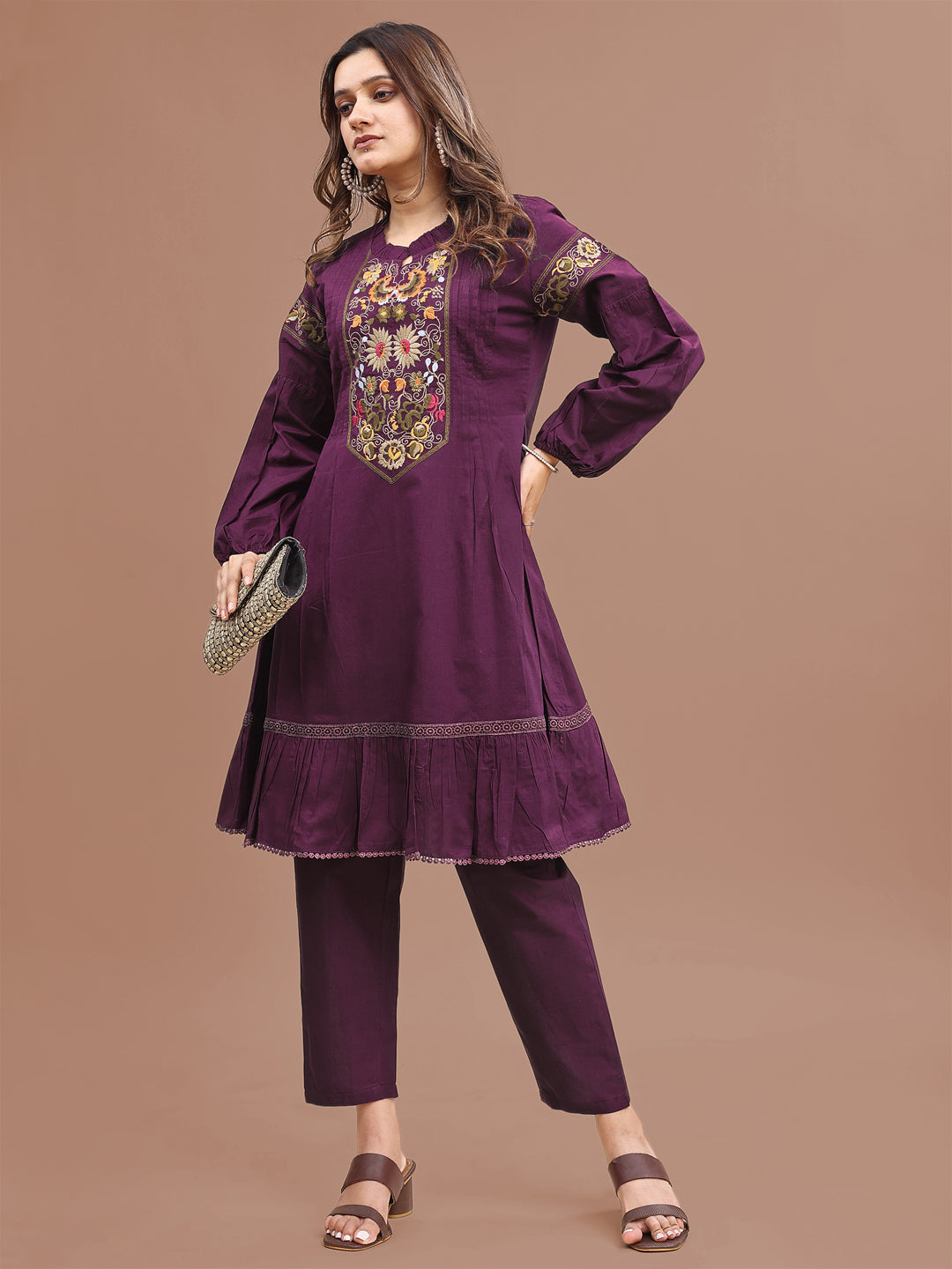 Purple Colored Pure Cotton Fit & Flair With Thread Work Embroidered Tunic & Trouser Co-ord Set