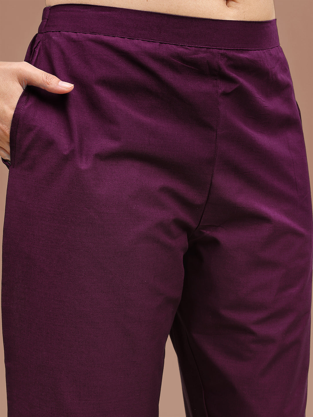 Purple Colored Pure Cotton Fit & Flair With Thread Work Embroidered Tunic & Trouser Co-ord Set