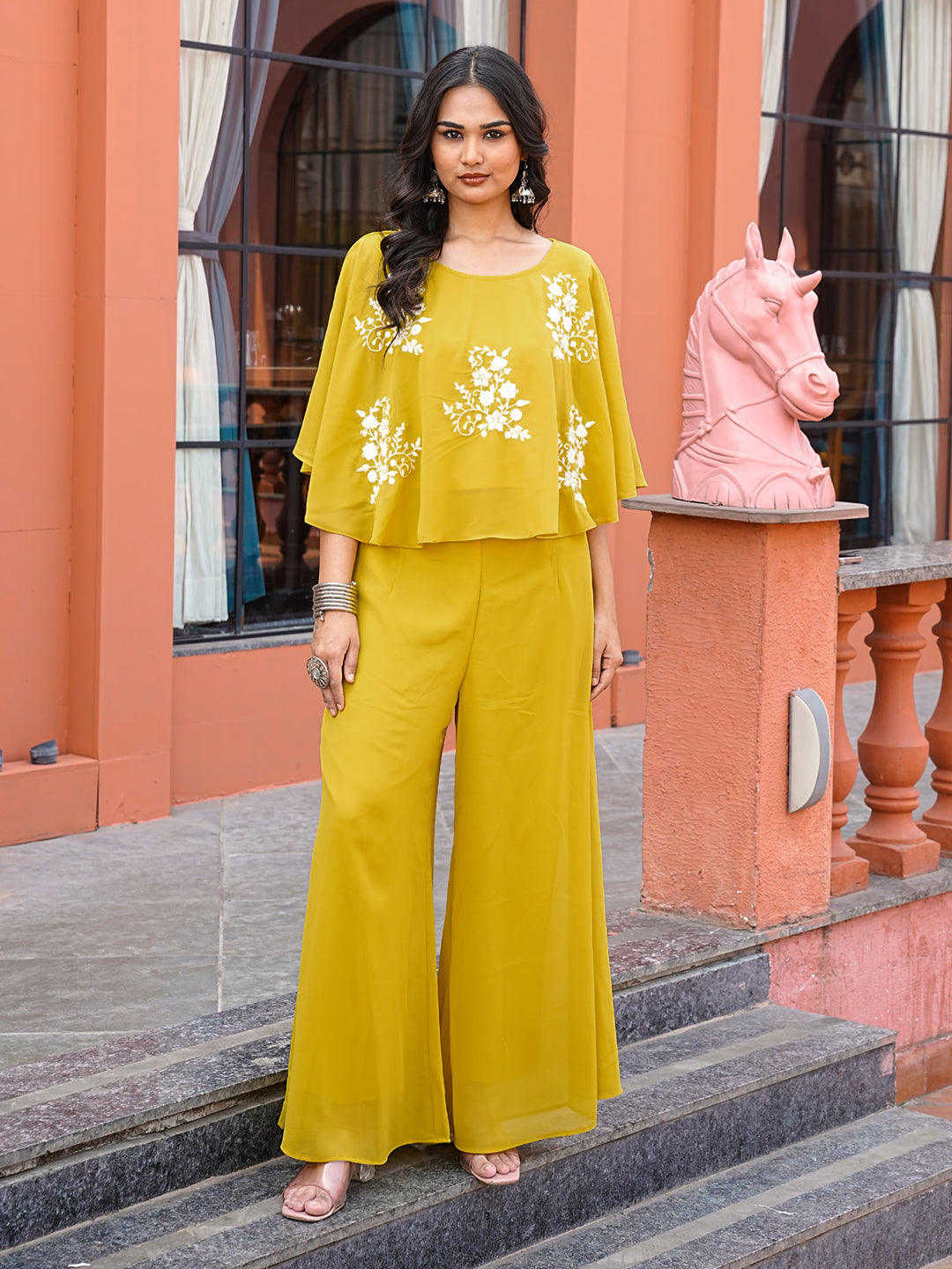 Yellow Green color georgette with thread work embroidered short top & A-line plazzo co-ords set