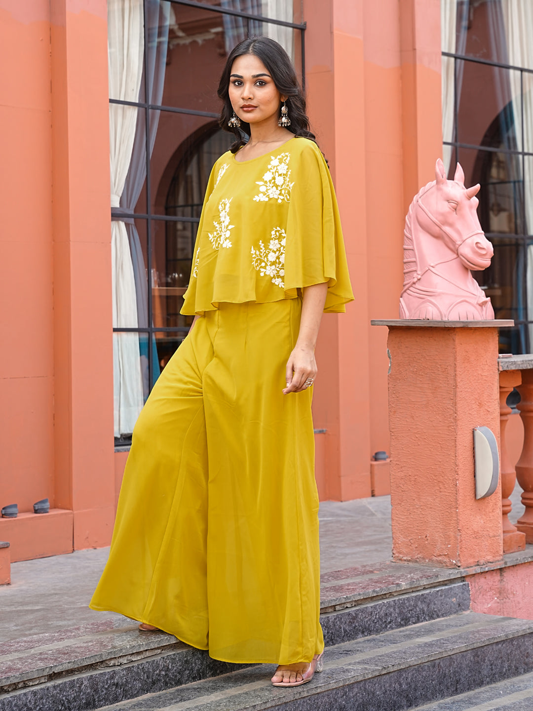 Yellow Green color georgette with thread work embroidered short top & A-line plazzo co-ords set