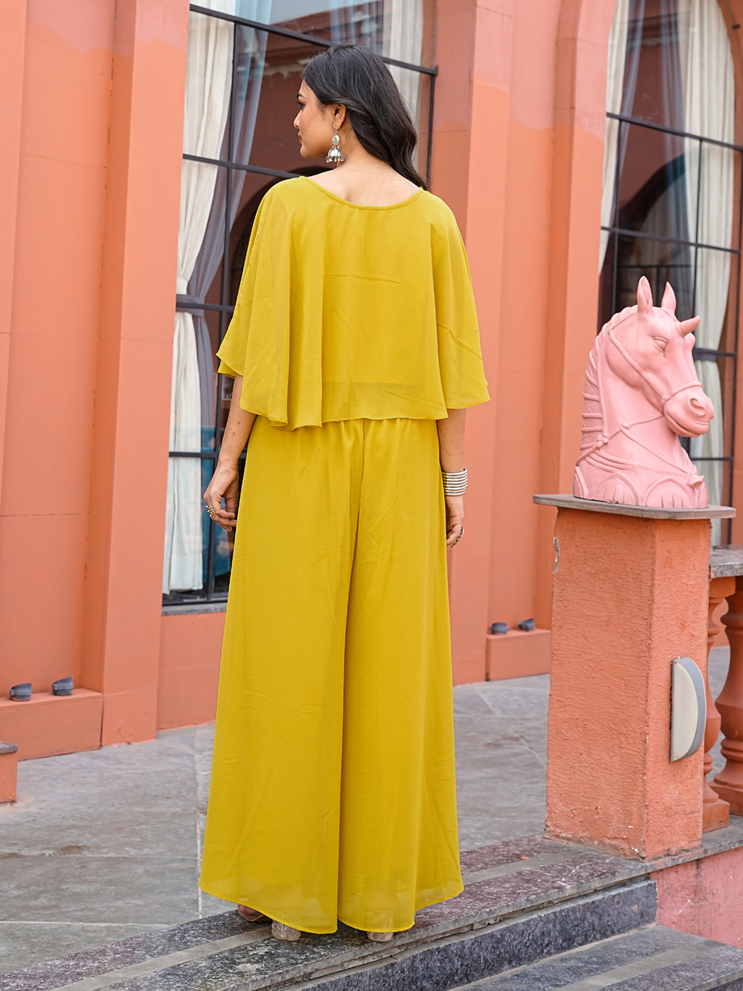 Yellow Green color georgette with thread work embroidered short top & A-line plazzo co-ords set