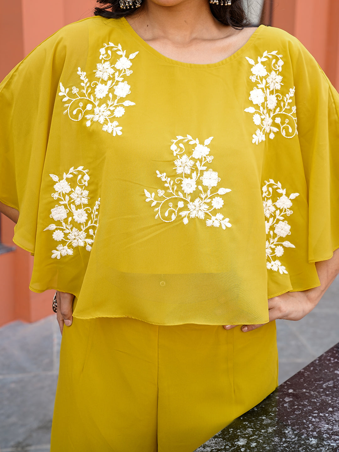 Yellow Green color georgette with thread work embroidered short top & A-line plazzo co-ords set