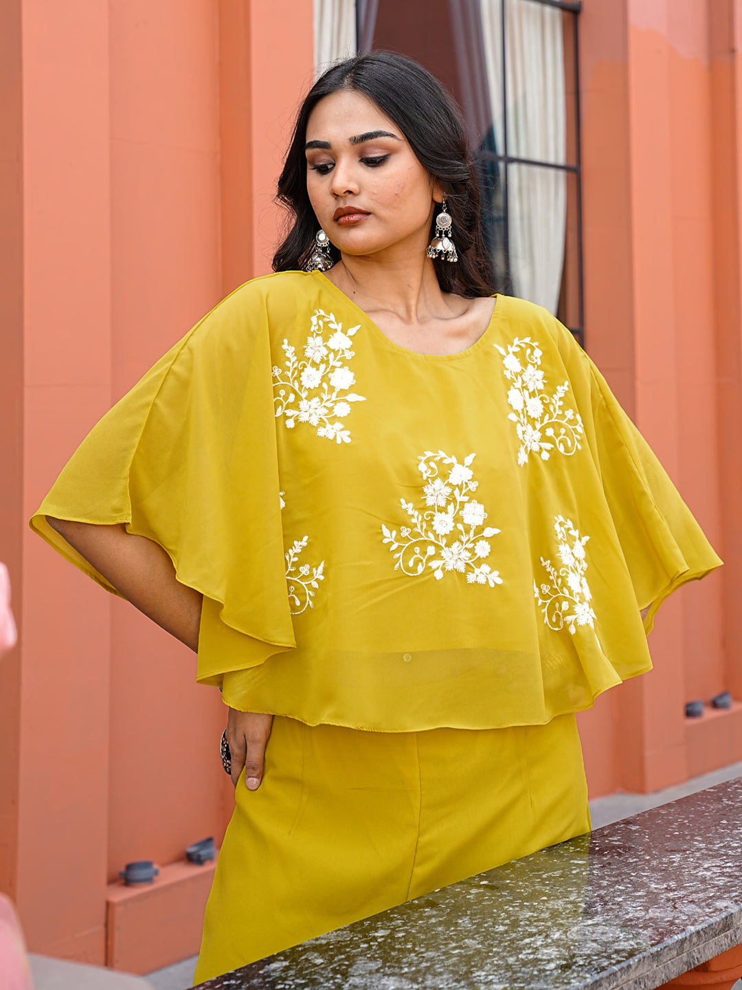 Yellow Green color georgette with thread work embroidered short top & A-line plazzo co-ords set