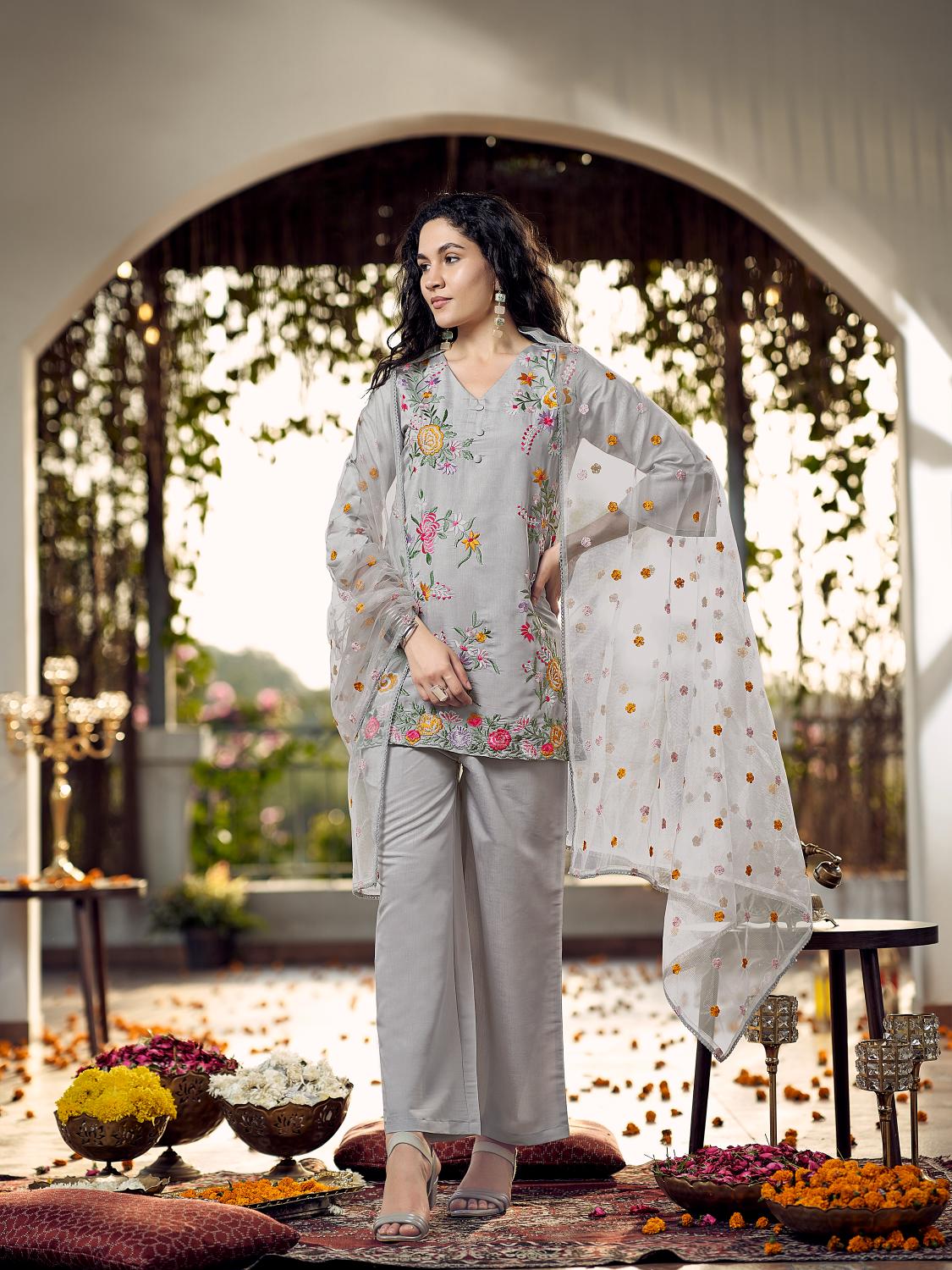 Steel Grey Color Silk Blend V-Neck Straight Kurta Set With Floral Thread Embroidery