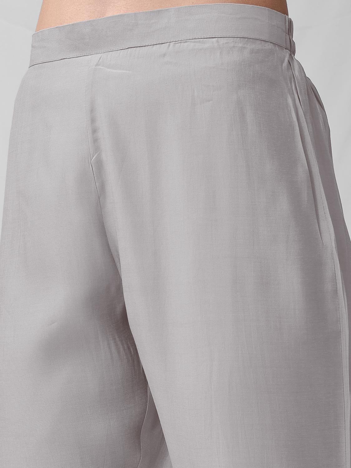 Steel Grey Color Silk Blend V-Neck Straight Kurta Set With Floral Thread Embroidery