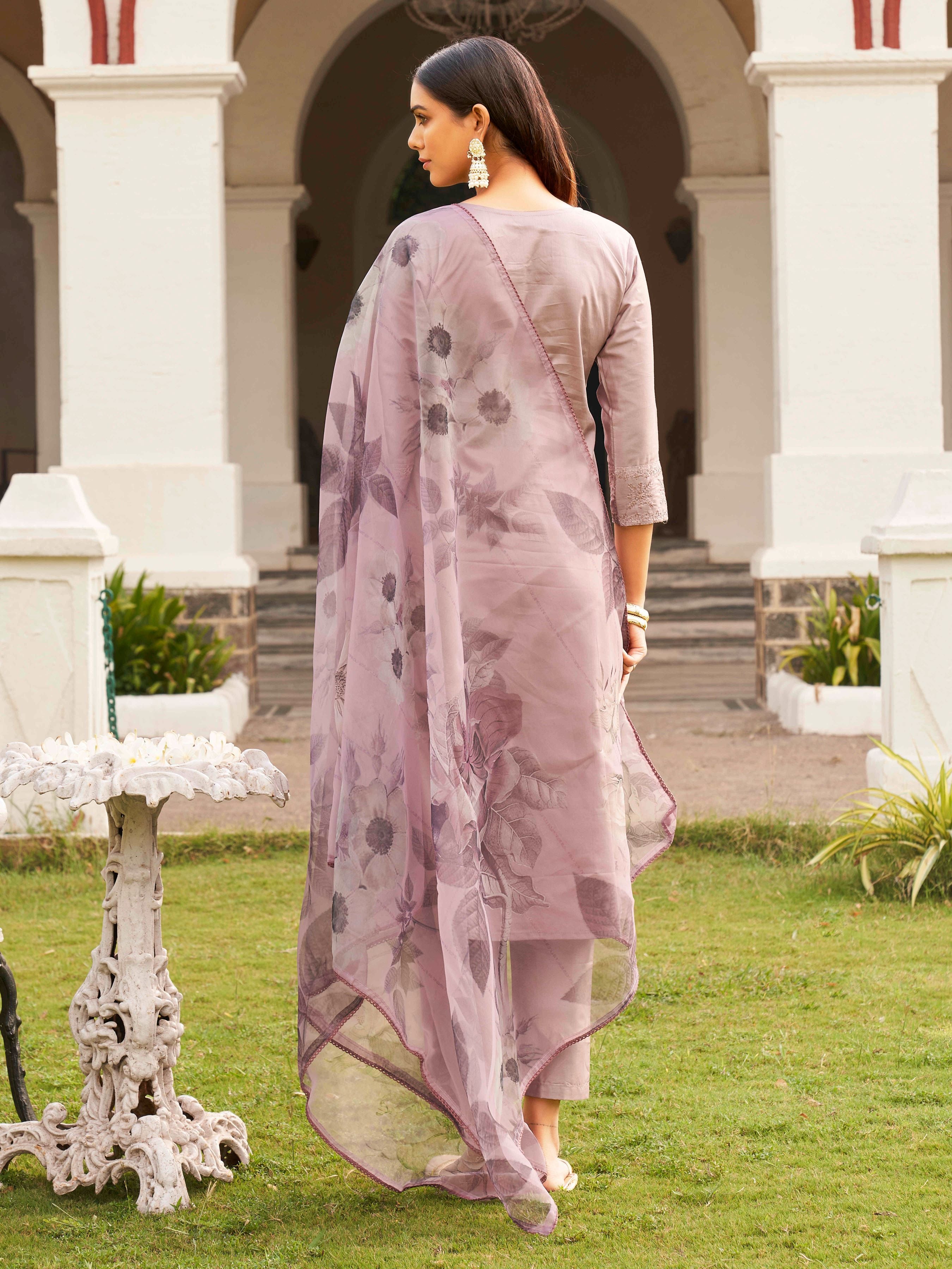 Floral Embroidered Pure Cotton Kurta With Trousers & Dupatta