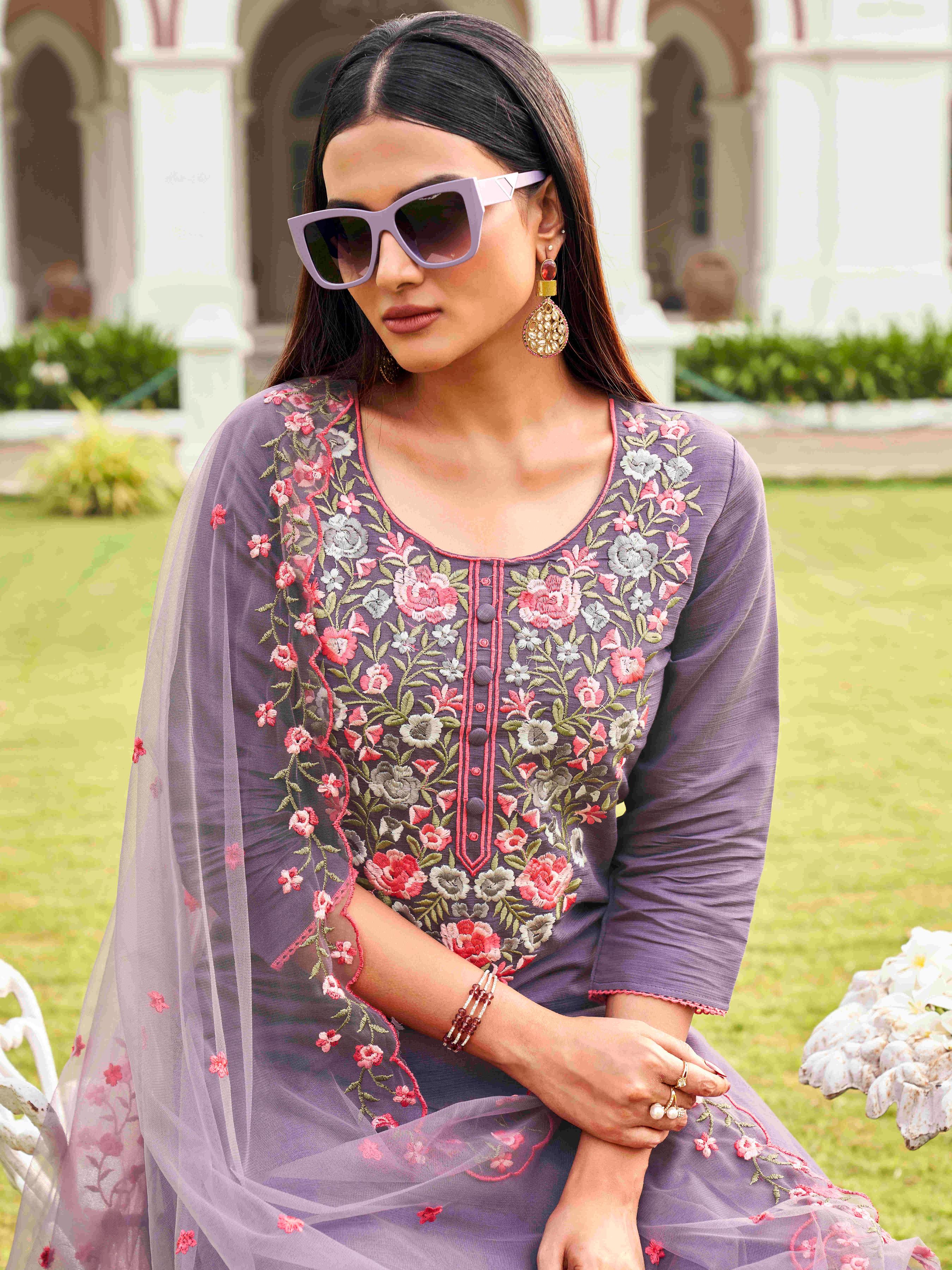 Floral Yoke Embroidered Straight Kurta & Trousers With Dupatta