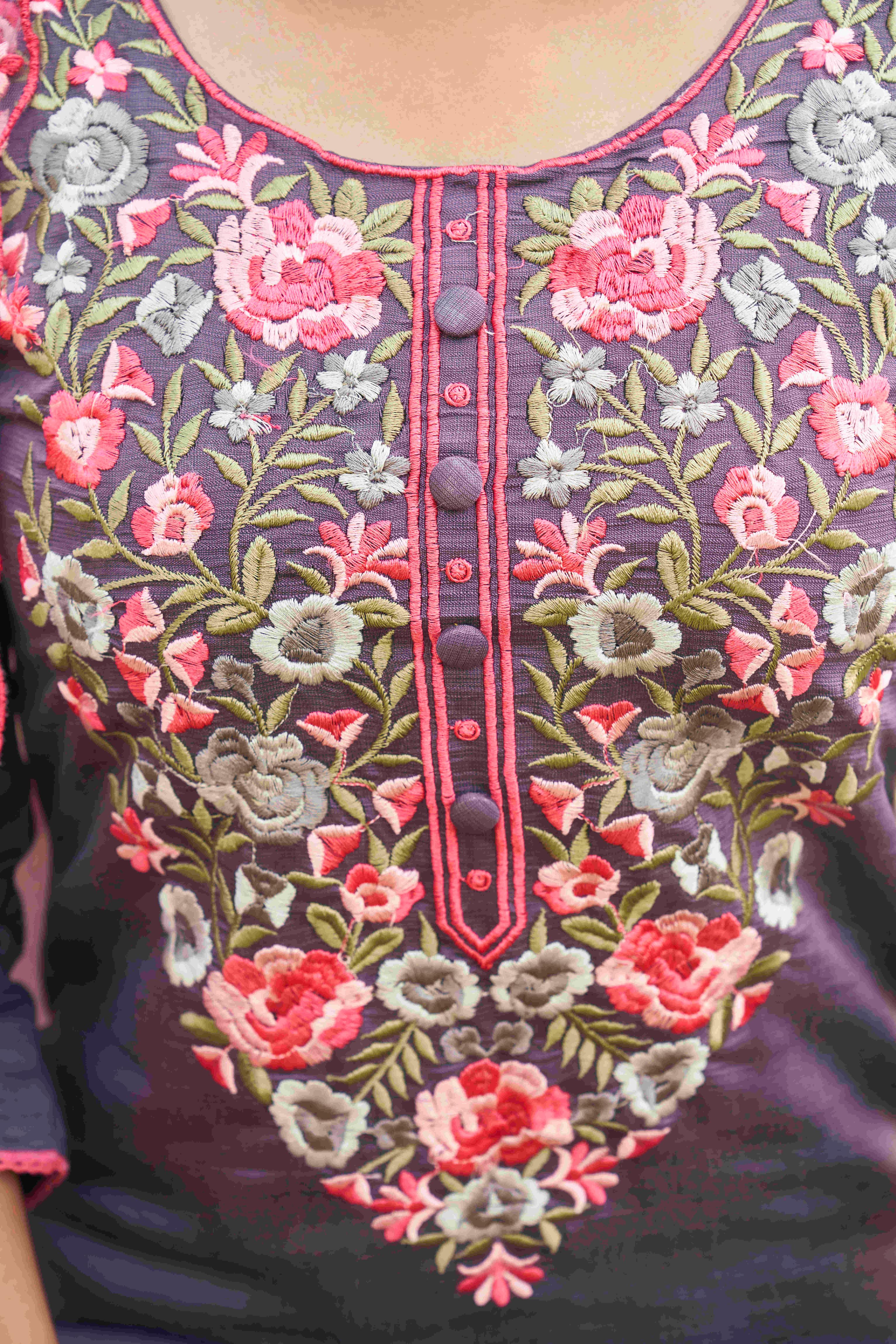 Floral Yoke Embroidered Straight Kurta & Trousers With Dupatta