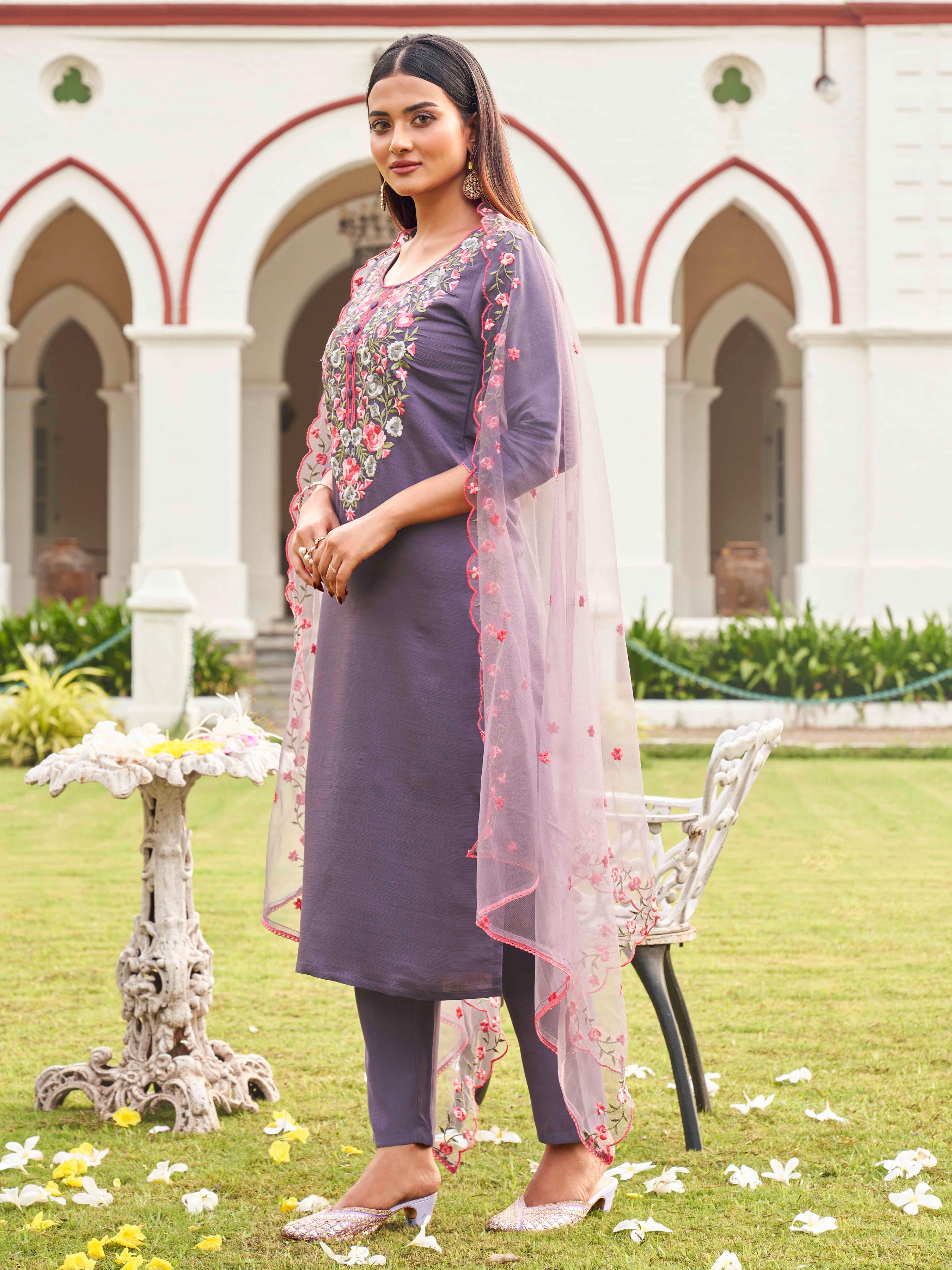 Floral Yoke Embroidered Straight Kurta & Trousers With Dupatta