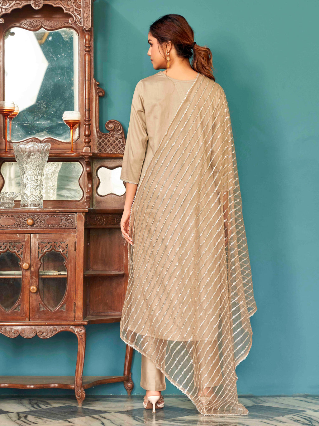 V-Neck Pure Cotton Straight Kurta & Trousers With Dupatta